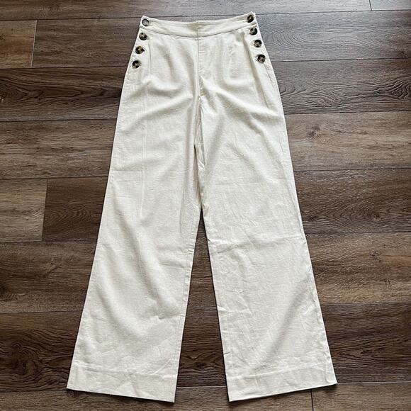 LPA Pants Womens Sm Cream Jacopo Linen Blend Side Button Hi-Rise Wide Leg Sailor - Picture 2 of 12